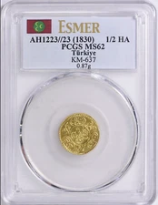 PCGS Top! 1223 23 (1830) TURKEY: Mahmud II, gold 1/2 HA hayriye altin, PCGS MS62