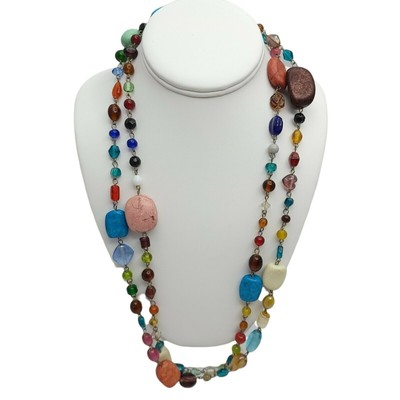 Multi Color Glass Beads Simulated Stone Necklace Single Strand 