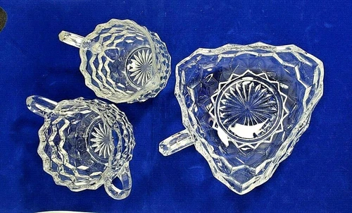 Fostoria American Cube Pattern Cream, Sugar, and Nappy/Lemon Clear Glass Dish