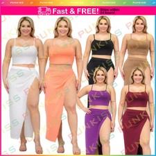 Women's Plus Crop Cami Top Tank & Split Thigh Maxi Skirt Set Party Stretch