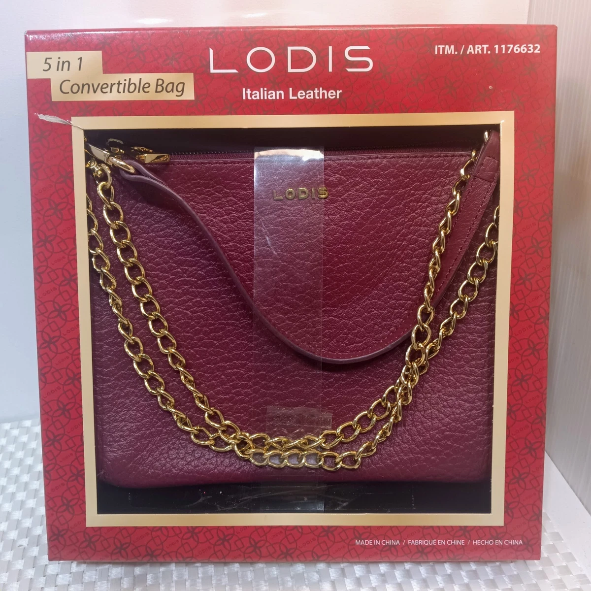 Lodis Emily 5 in 1 Convertible Crossbody Wine Color HandBag Italian Leather NEW