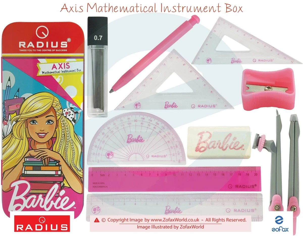 RADIUS Barbie Geometry Tin Set Compass Divider Ruler Protractor