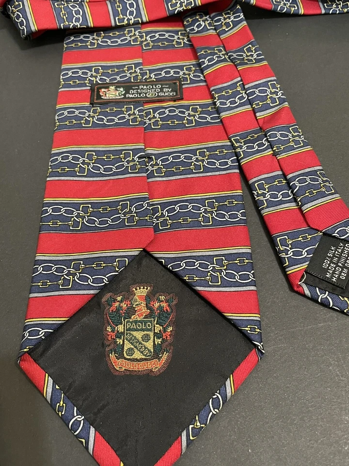 Винтажный дизайнерский шелковый галстук Paolo Gucci красный синий абстрактная цепочка звено геометрический шелк - Изображение 2 из 4