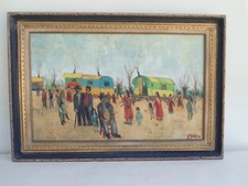 Tableau / Peinture camps de gitans avec leurs roulottes - signé Paul Jallat 1970