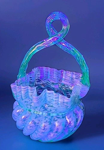 Steven & Williams Antique Blue & Milk Swirl Glows Green Art Glass Basket Thorns
