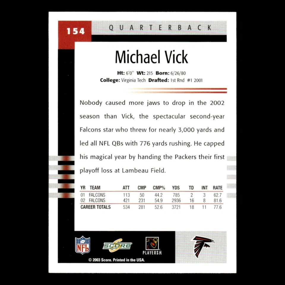 Michael Vick #154 2003 Score Atlanta Falcons Football Card NFL NM - Image 2 of 3
