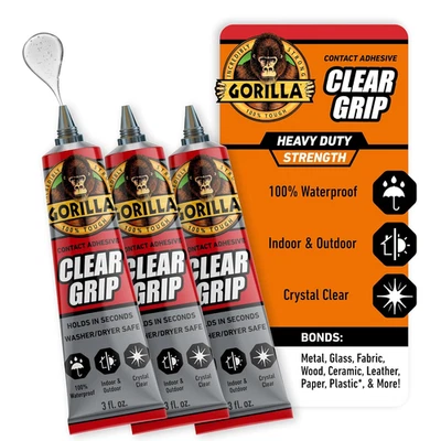 THE GORILLA GLUE COMPANY Gorilla Clear Grip Waterproof Contact Adhesive 3oz Tube 3 Pack