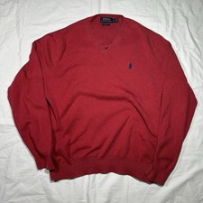 Polo Ralph Lauren Pima Cotton V-Neck Men's Red Sweater Navy Pony Logo Size L