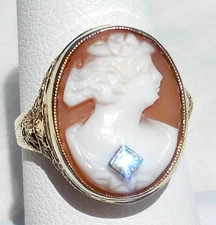 Antique c 1920 OSTBY & BARTON 14K Gold Filigree HABILLE Diamond CAMEO Ring