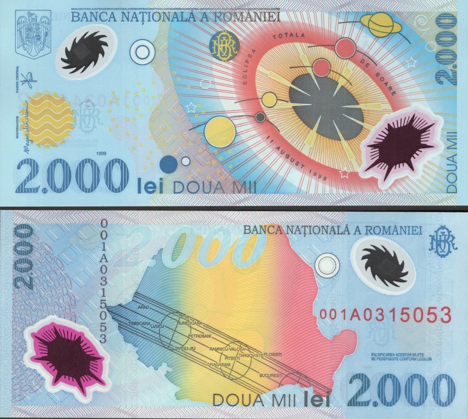 ROMANIA TEST NOTE 2000 Lei 1999 P 111b COMM. Polymer Prefix 001A W/Folder UNC - Image 2 of 4