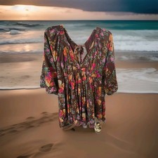 Free People Boho Romantic Floral Mini Deep V Open Back Hi Low Dress L