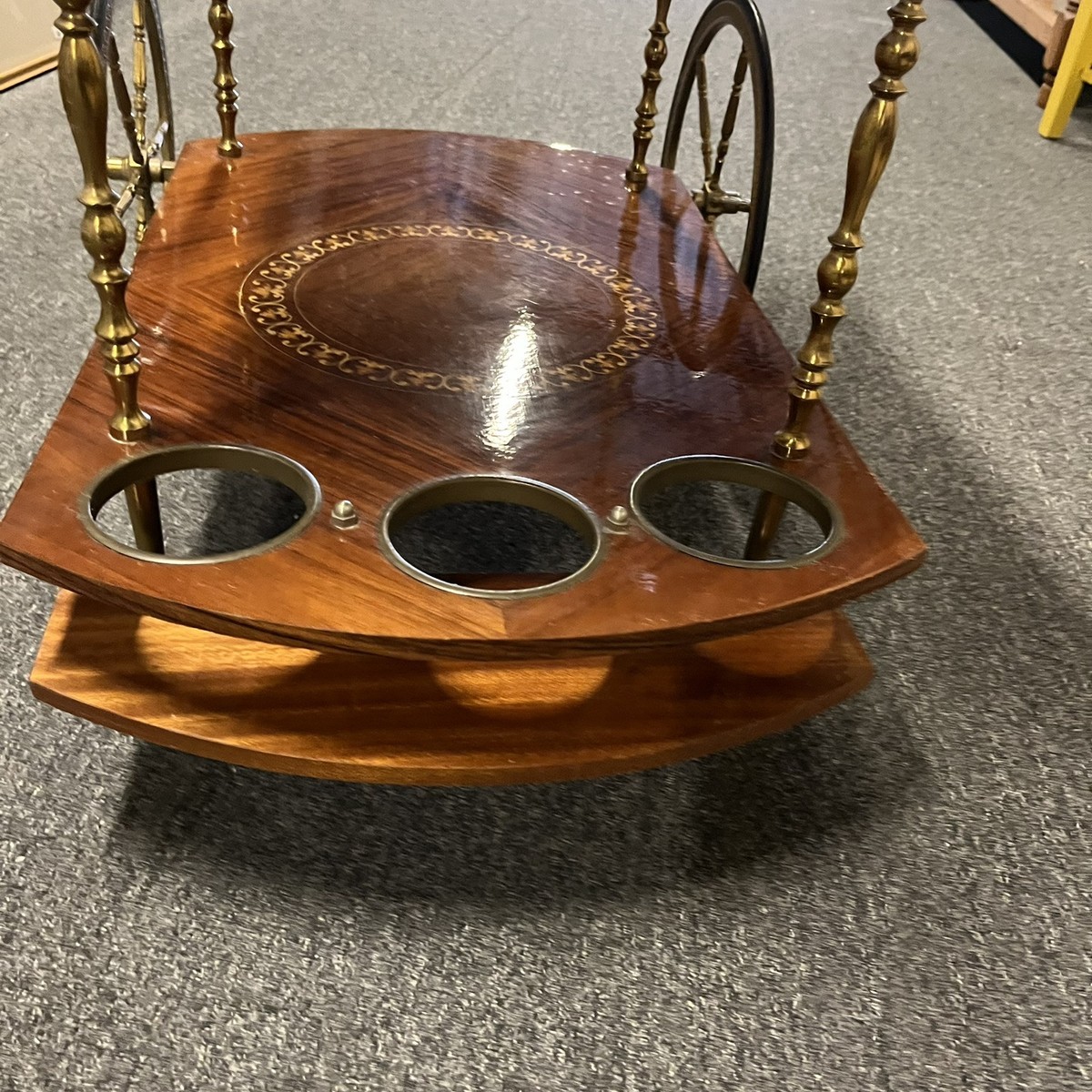 Italian Vintage Bar Cocktail Trolley Brass Cart Inlaid Wood