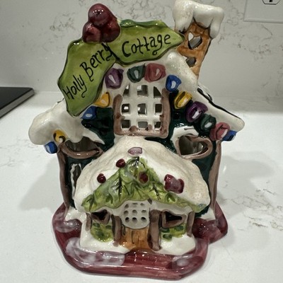 2009 Blue Sky Clayworks Holly Berry Cottage Christmas Tea Lite candle House 6.5 