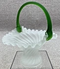 Vintage Fenton Glass Ruffled Rim White/Green Thumb Print Brides Basket w/Handle