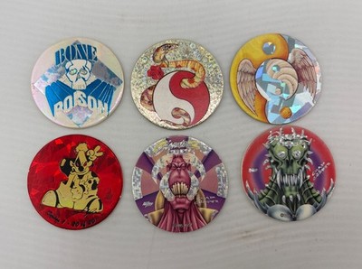 POGS/MILKCAPS Monster, Skulls, Ying Yang and Clown, Set of 6. GUC