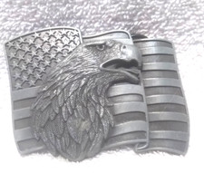 Silver Engraved Bald Eagle Over Stars Stripes Flag Siskiyou Buckle 1990 Vintage