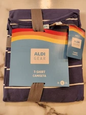 Large ALDI GEAR Blue Striped Crew Neck Relaxed Boxy Fit Logo T-Shirt Womens
