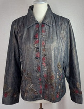 Chicos 2 Metallic Shimmer Embellished Embroidered Cotton Lined Jacket Blue Gold