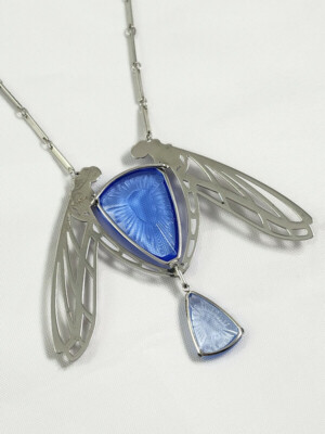 Lalique Crystal Sterling Silver Blue Dragonfly Necklace Ice Light