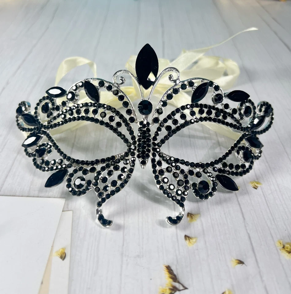 Butterfly Masquerade Black Diamond Mask, Halloween Party Silver Mask, Prom Mask - Image 4 of 4