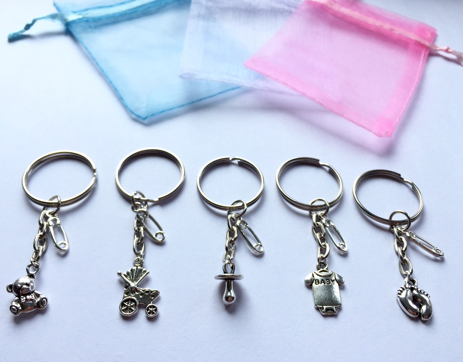5 x Baby Shower Keyring Charm, Mum To Be, Pregnancy BOY/GIRL Blue Pink