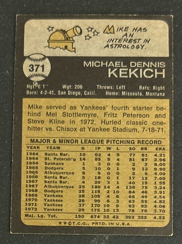 1973 Topps Mike Kekich Baseball Card #371 Yankees Pitcher GD/VG O/C - Image 2 of 2