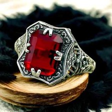 DEEP RED ANTIQUE STYLE 925 STERLING SILVER SIMULATED RUBY FILIGREE RING   1331