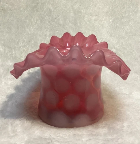 Vintage 3" Fenton Cranberry Opalescent Coin Dot Top Hat Ruffled Vase