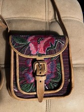 Embroidered Crossbody Purse Leather Adj Strap Tapestry Pink Purple Flowers Boho
