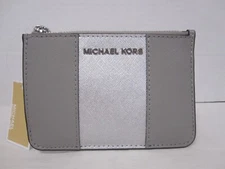 Michael Kors Grey Center Stripe Small Top Zip Coin Pouch with ID Holder Wallet