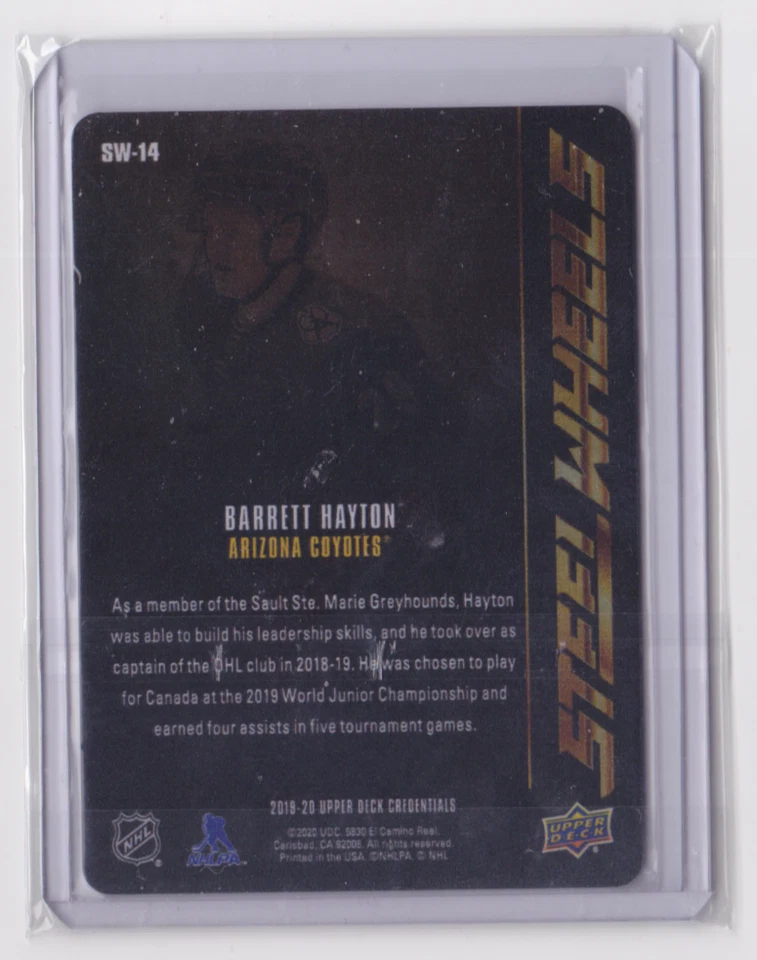 2019-20 UD CREDENTIALS STEEL WHEELS GOLD RC SP /99 BARRETT HAYTON #SW-14 COYOTES - Image 2 of 2