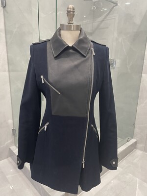KAREN MILLEN DARK BLUE WITH BLACK LEATHER COAT EU SIZE 40