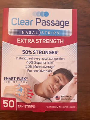 Clear Passage Nasal Strips Extra Strength Tan 50 Count For Sensitive Skin *NEW*