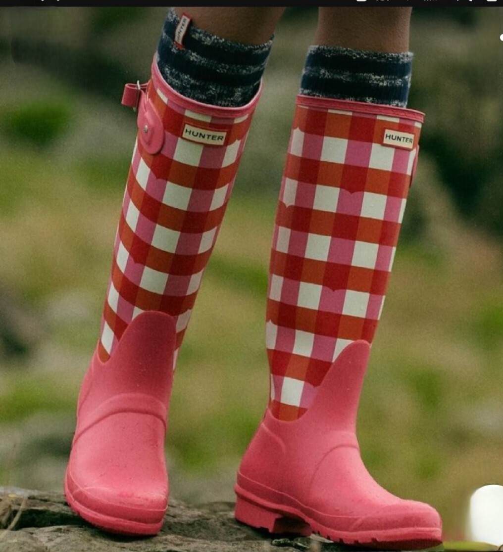 Hunter Original Women's Tall Waterproof Rain Boot, Size 5 Matte Blue Gingham NEW