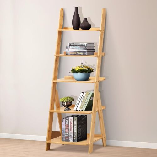 New- 5-Tier Bamboo Ladder Shelf Ladder Bookshelf Plant & Flower Stand Book