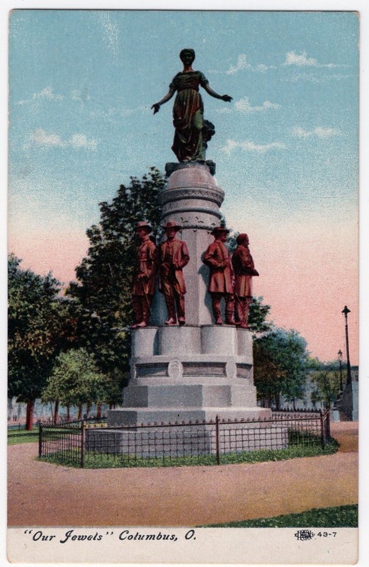 Colorized Postcard: Our Jewels statue at Ohio State Capitol, Columbus statehouse