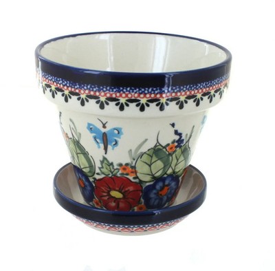 Blue Rose Polish Pottery Floral Butterfly Small Flower Pot