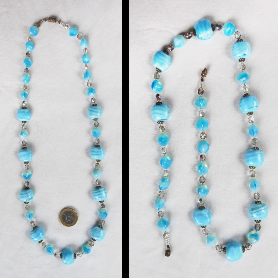 ANCIEN Collier Pate de VERRE Bleu NACRE - Antique Glass Necklace - Photo 3/4