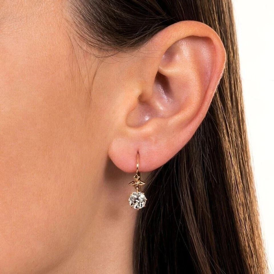 Rund Geschliffen Künstlicher Diamant Damen Tropfen / Lange Ohrringe 14k Gelbgold - Bild 3 von 4