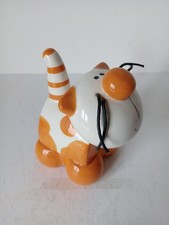 (761) Orange & White Bird on a Wire Cat Money Box with String Whiskers
