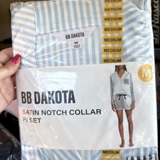 BB Dakota Blue Striped Silky Satin Pajama Set Womens Shirt  Shorts - Medium