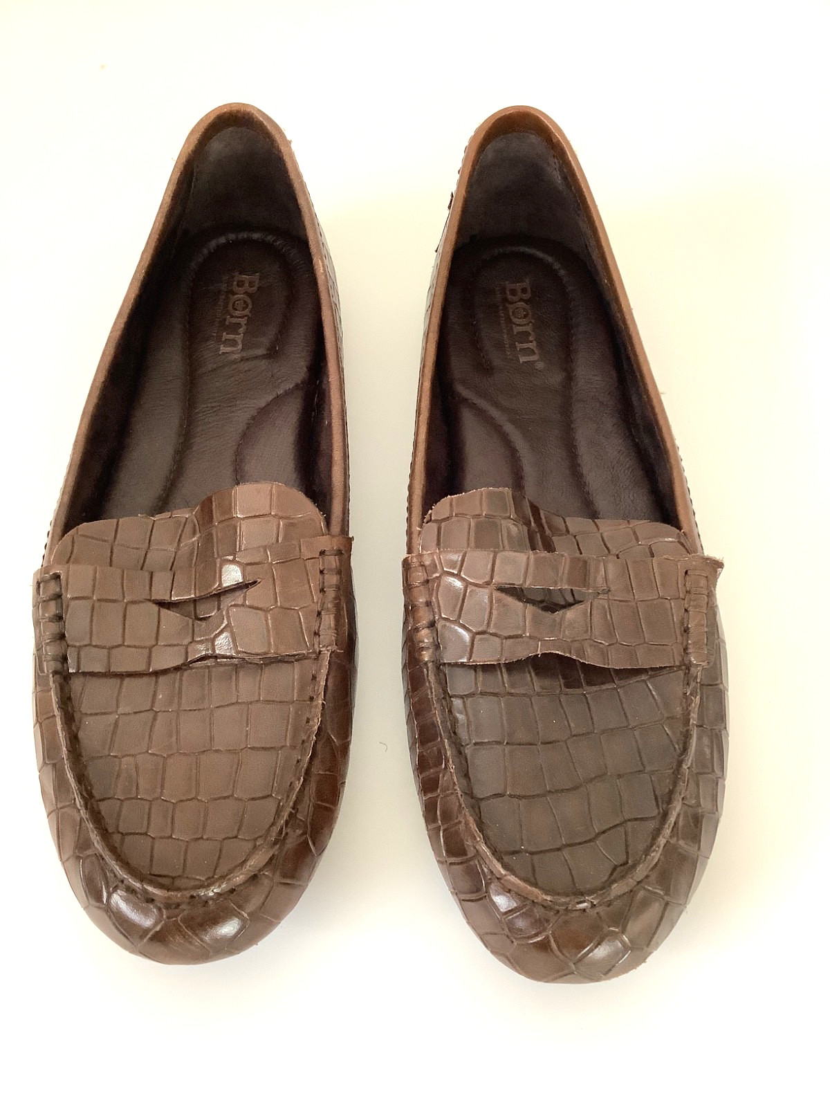 Born Women's Brown Malena Leather Driving Loafers Embossed Size 6.5M Preppy