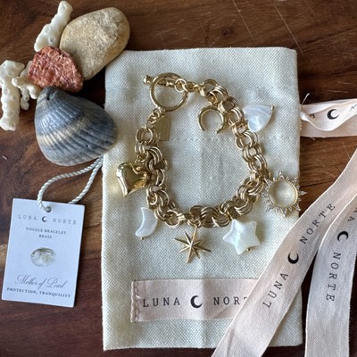 Luna Norte Gold Brass Genuine MOP CZ Icon Charm Bracelet Toggle Clasp NEW