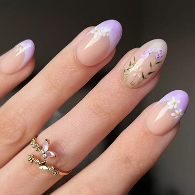Shine Artificial Nail 24Pcs Lavender Design Short False Nail for Holiday