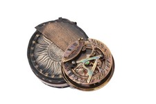 Antique Brass Pocket Sundial Compass Hiking 3 inch with Black Leather Box  HGYR