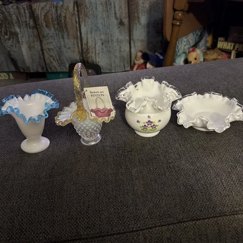 Fenton Violets in the Snow, Milk Glass Vase, Ruffle Basket, And Milk Glass Bowl