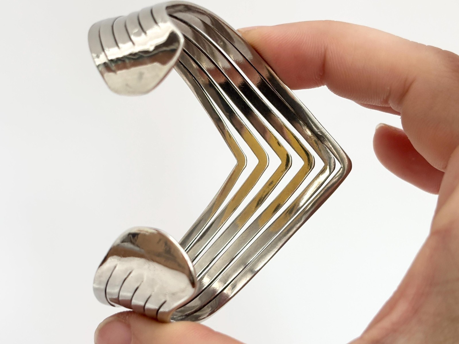 Chevron Shaped Multi Sectioned Chunky Vintage Sil… - image 4