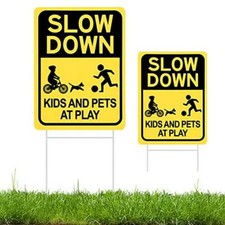 Slow down Sign with Metal Stake, Kids and Pets at Play Sign, 16" X 12" Corrugate