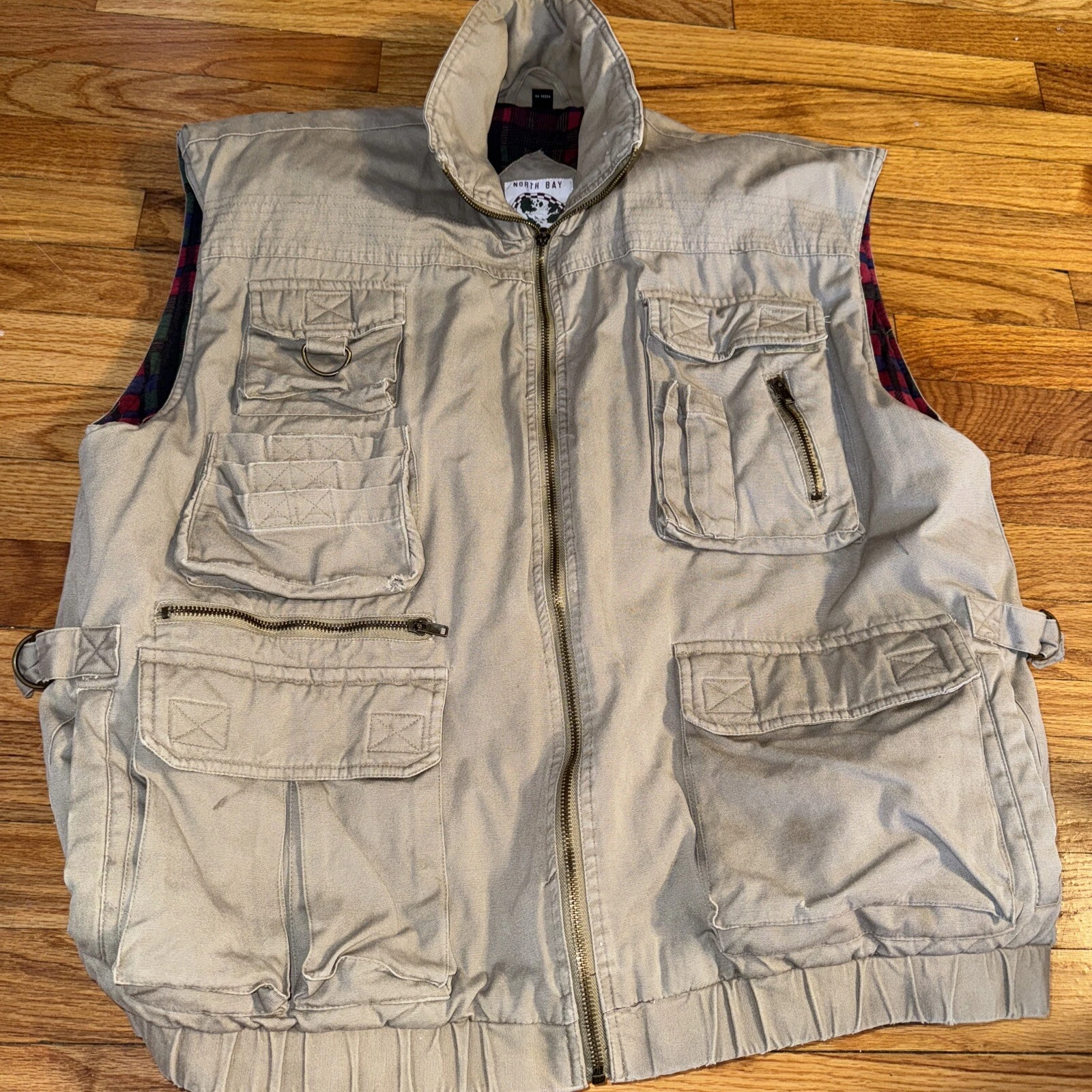 Vtg Y2K North Bay World Travel Vest Men L Pocket Beige Flannel Lined Hiking Worn