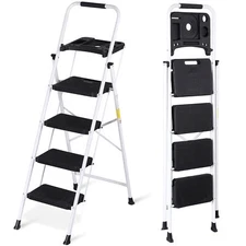 Step Ladder Sturdy 4-Step Ladder with Tool Platform Folding Ladder Lightweight